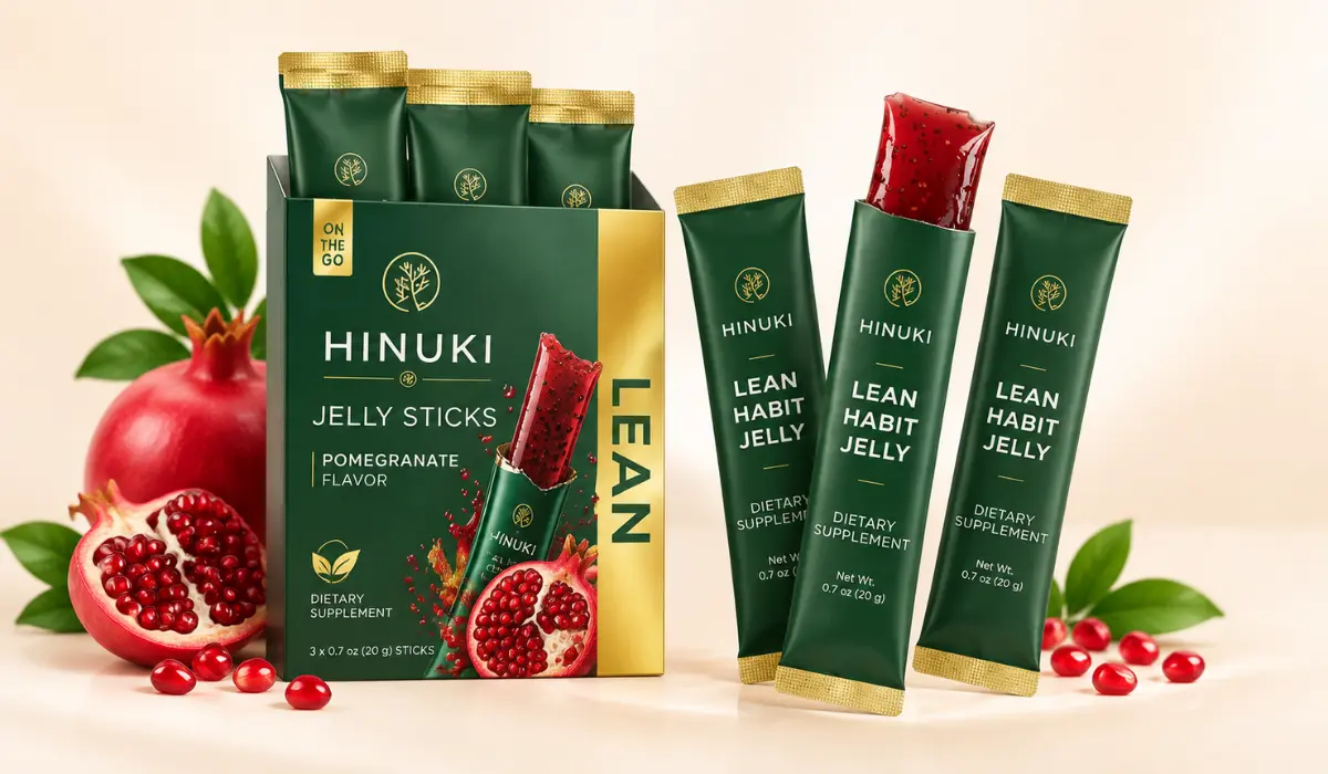Hinuki Lean Habit Jelly sticks and pomegranate-flavoured product box